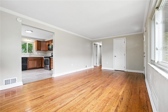 1114 Ellopia St, Chartiers City, PA 15204 - unfurnished living room with light wood finished floors and crown molding
