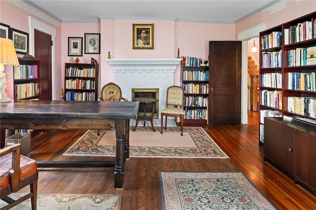 6517 Aylesboro Ave, Squirrel Hill, PA 15217 - home office featuring crown molding, wood-type flooring, and a fireplace