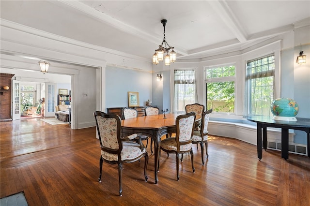 6517 Aylesboro Ave, Squirrel Hill, PA 15217 - dining area featuring plenty of natural light, wood finished floors, a chandelier, and beamed ceiling