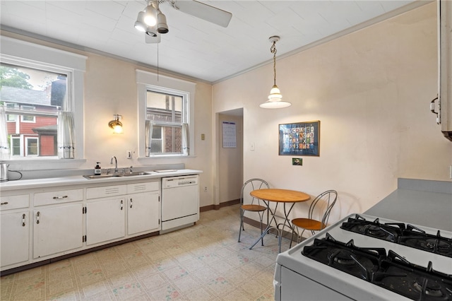 6517 Aylesboro Ave, Squirrel Hill, PA 15217 - kitchen featuring white appliances, light floors, light countertops, white cabinetry, and a ceiling fan