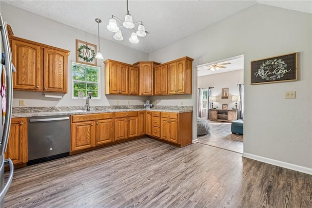 27 Richeyville Rd, Centerville, PA 15358 - kitchen featuring stainless steel dishwasher, brown cabinets, light wood-type flooring, a chandelier, and lofted ceiling