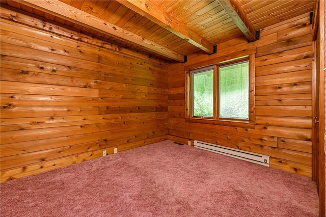 117 Oak Dr, Forward Twp But, PA 16033 - carpeted empty room with a baseboard radiator, a wood ceiling with exposed beams, and wood walls