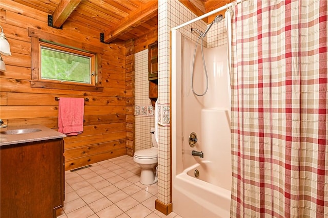 117 Oak Dr, Forward Twp But, PA 16033 - bathroom featuring a wood ceiling with exposed beams, tile patterned floors, wood walls, vanity, and shower / bath combo with shower curtain