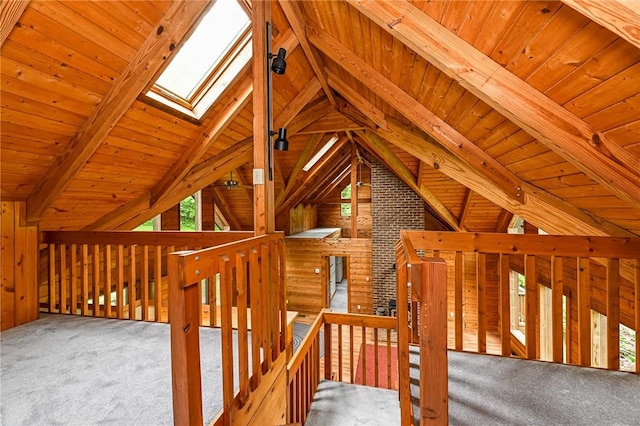 117 Oak Dr, Forward Twp But, PA 16033 - hallway featuring carpet, wooden ceiling, a skylight, and an upstairs landing