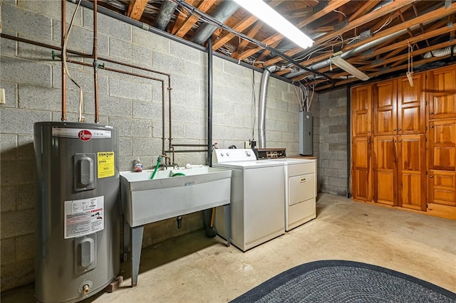 117 Oak Dr, Forward Twp But, PA 16033 - unfinished below grade area featuring electric water heater, washing machine and clothes dryer, electric panel, and concrete block wall