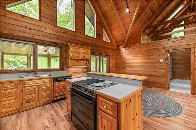 117 Oak Dr, Forward Twp But, PA 16033 - kitchen featuring black appliances, plenty of natural light, light wood-type flooring, light countertops, and a wooden ceiling with exposed beams