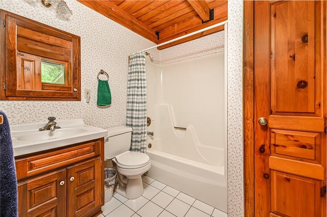 117 Oak Dr, Forward Twp But, PA 16033 - bathroom featuring wallpapered walls, tile patterned floors, vanity, shower / tub combo with curtain, and wood ceiling