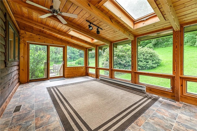 117 Oak Dr, Forward Twp But, PA 16033 - unfurnished sunroom with a skylight, a baseboard radiator, wooden ceiling, wood walls, and stone finish floors