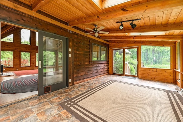 117 Oak Dr, Forward Twp But, PA 16033 - unfurnished sunroom featuring plenty of natural light, a skylight, a ceiling fan, beam ceiling, and track lighting