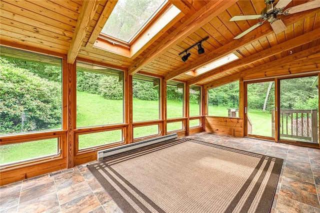 117 Oak Dr, Forward Twp But, PA 16033 - unfurnished sunroom featuring baseboard heating, a skylight, ceiling fan, and lofted ceiling