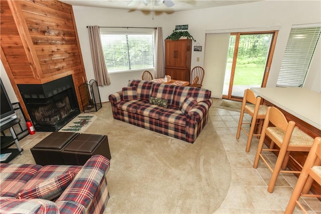 1162 Kepple Ln, Hidden Valley, PA 15502 - living area featuring a ceiling fan, a fireplace, and light tile patterned floors