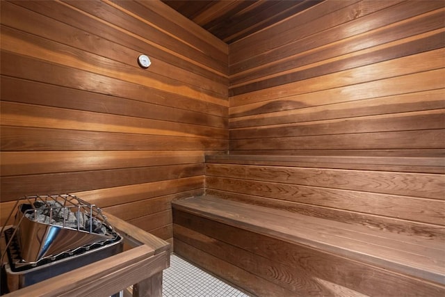 220 N Dithridge St Unit 1001, Oakland, PA 15213 - relaxing sauna featuring wood walls, tile patterned floors, and wooden ceiling