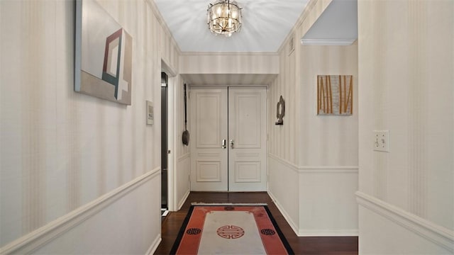 220 N Dithridge St Unit 1001, Oakland, PA 15213 - doorway to outside featuring a chandelier, dark wood-style floors, and wallpapered walls