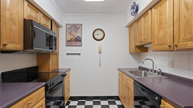 220 N Dithridge St Unit 1001, Oakland, PA 15213 - kitchen featuring black appliances, dark floors, dark countertops, decorative backsplash, and crown molding