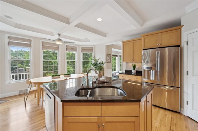 1500 Zenith Ct, Upper St Clair, PA 15241 - kitchen featuring stainless steel appliances, coffered ceiling, a kitchen island with sink, light wood-style flooring, and dark stone counters