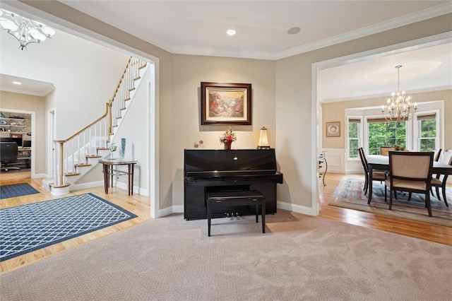 1500 Zenith Ct, Upper St Clair, PA 15241 - living area with a chandelier, stairs, ornamental molding, wood finished floors, and recessed lighting