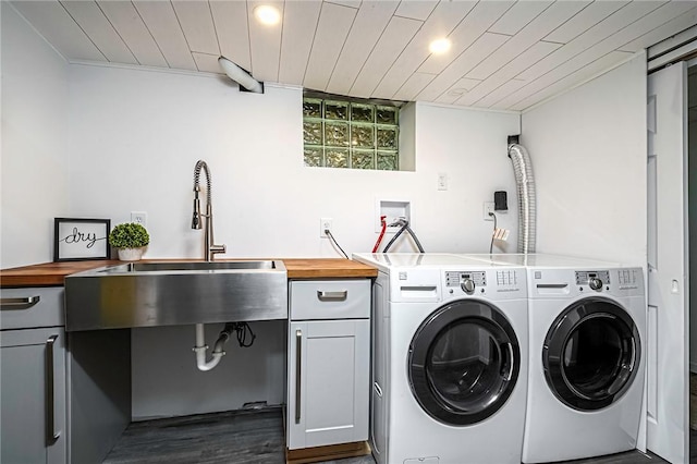 150 Dover Dr, Moon/Crescent Twp, PA 15108 - laundry area with cabinet space, washer and clothes dryer, dark wood finished floors, and wood ceiling