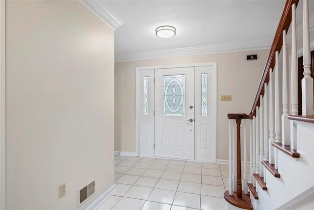 105 Averys Way, Cranberry Twp, PA 16066 - entryway featuring stairway, light tile patterned floors, and crown molding