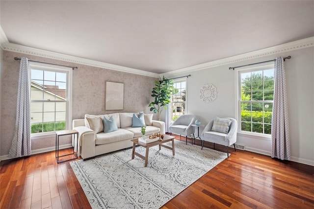 105 Averys Way, Cranberry Twp, PA 16066 - living area featuring wood-type flooring, ornamental molding, and wallpapered walls