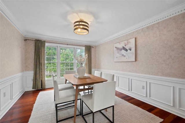 105 Averys Way, Cranberry Twp, PA 16066 - dining space with wallpapered walls, dark wood-style floors, ornamental molding, and wainscoting