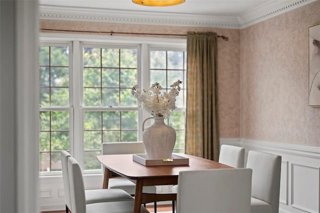 105 Averys Way, Cranberry Twp, PA 16066 - dining space with wallpapered walls, ornamental molding, wainscoting, and plenty of natural light