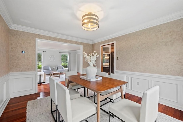 105 Averys Way, Cranberry Twp, PA 16066 - dining area with wallpapered walls, dark wood-style flooring, a wainscoted wall, and crown molding