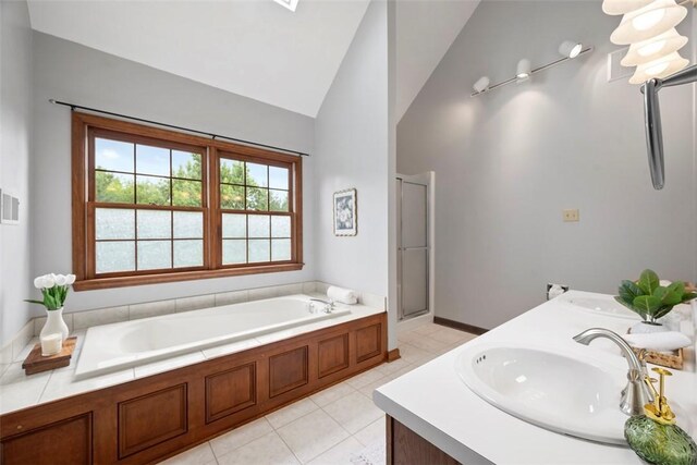 105 Averys Way, Cranberry Twp, PA 16066 - full bath with a bath, double vanity, a stall shower, tile patterned floors, and high vaulted ceiling