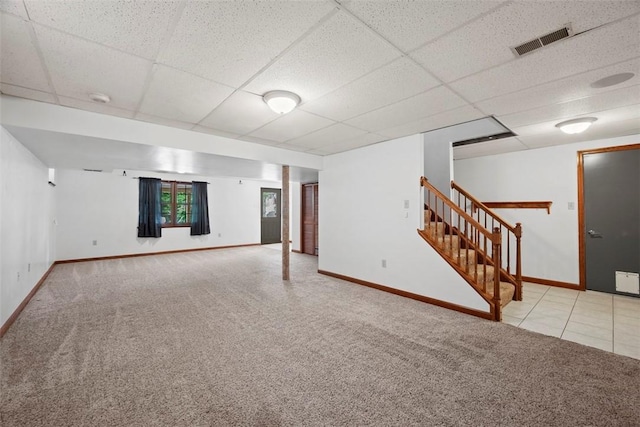 105 Averys Way, Cranberry Twp, PA 16066 - below grade area with carpet, stairs, and a paneled ceiling