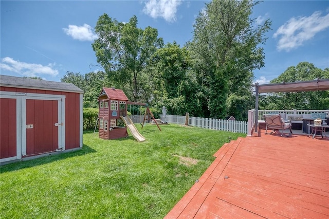 628 Illini, Monroeville, PA 15146 - view of yard with a storage shed, a deck, outdoor lounge area, and a playground