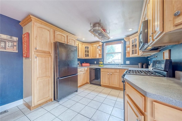 628 Illini, Monroeville, PA 15146 - kitchen with black appliances, light brown cabinets, light tile patterned floors, glass insert cabinets, and recessed lighting