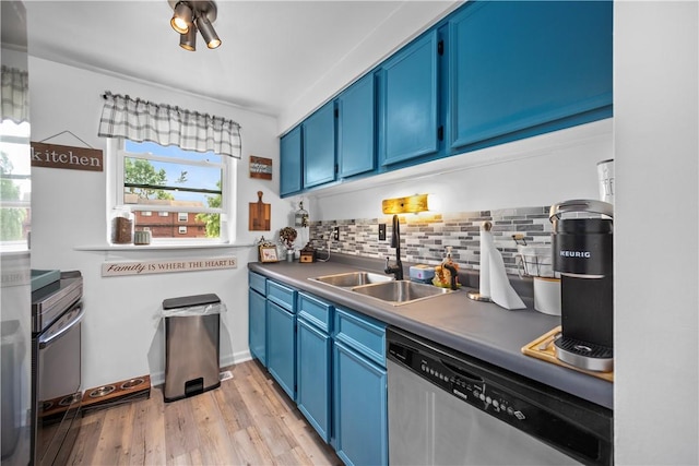 301 Holland Ct, Findlay Twp, PA 15108 - kitchen with stainless steel dishwasher, blue cabinetry, backsplash, and light wood-style floors