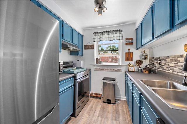 301 Holland Ct, Findlay Twp, PA 15108 - kitchen featuring appliances with stainless steel finishes, blue cabinetry, under cabinet range hood, light wood finished floors, and tasteful backsplash