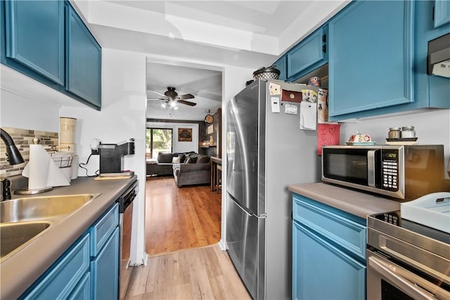 301 Holland Ct, Findlay Twp, PA 15108 - kitchen featuring blue cabinetry, stainless steel appliances, light wood finished floors, a ceiling fan, and open floor plan