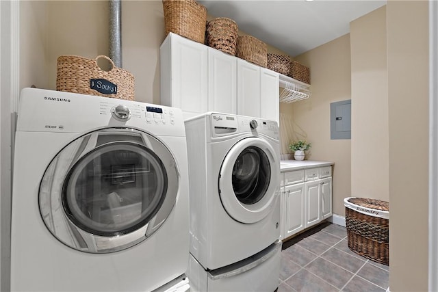 548 Lang Rd, Sewickley Heights, PA 15143 - laundry room featuring electric panel, washer and clothes dryer, cabinet space, and tile patterned floors