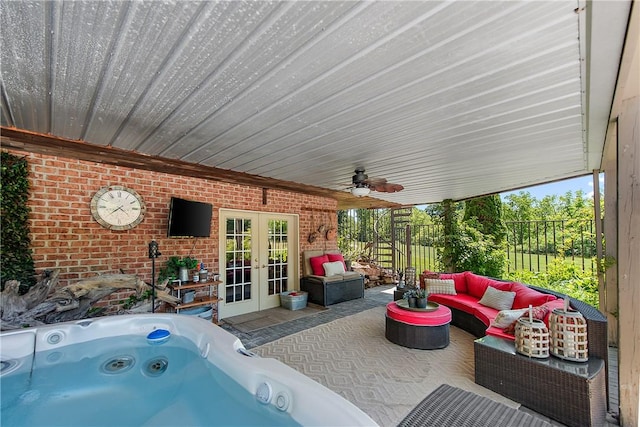 548 Lang Rd, Sewickley Heights, PA 15143 - view of patio / terrace featuring french doors, an outdoor hangout area, ceiling fan, and a hot tub
