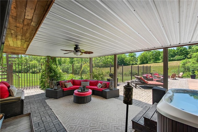 548 Lang Rd, Sewickley Heights, PA 15143 - fenced backyard with an outdoor living space, a ceiling fan, and a wooden deck