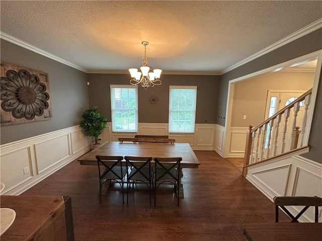 178 Foxchase Dr, North Strabane, PA 15317 - dining room with a decorative wall, a chandelier, a textured ceiling, wainscoting, and dark wood-style flooring
