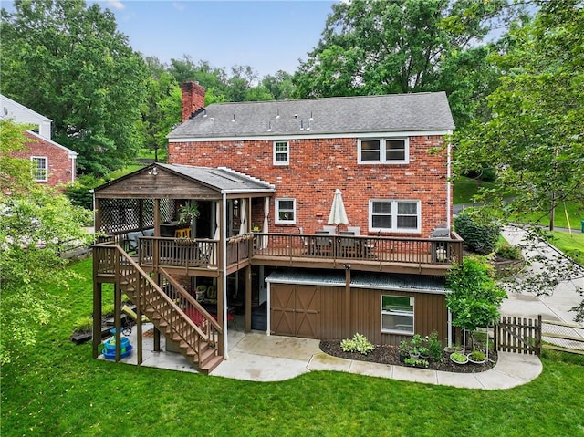 130 Kent Dr, Upper St Clair, PA 15241 - rear view of property with a wooden deck, a patio, a chimney, stairs, and brick siding
