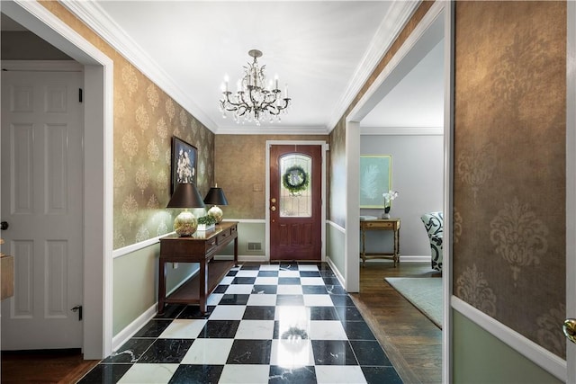 1061 Apple Hill Ln, Mccandless, PA 15101 - entrance foyer featuring a chandelier, ornamental molding, and wallpapered walls