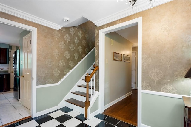 1061 Apple Hill Ln, Mccandless, PA 15101 - staircase with wallpapered walls, ornamental molding, and tile patterned flooring