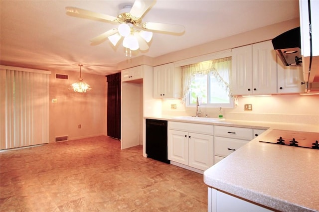202 Dominican Way, Zelienople Boro, PA 16063 - kitchen with black appliances, white cabinetry, exhaust hood, and a ceiling fan
