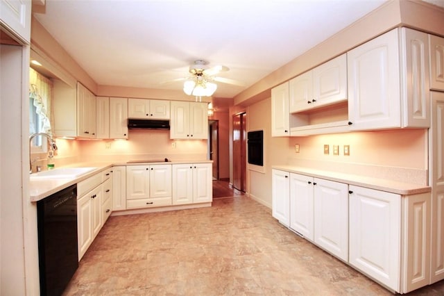 202 Dominican Way, Zelienople Boro, PA 16063 - kitchen with black appliances, under cabinet range hood, a ceiling fan, light countertops, and white cabinets