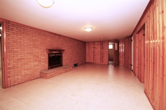 202 Dominican Way, Zelienople Boro, PA 16063 - unfurnished living room with a brick fireplace, brick wall, light floors, and wooden walls