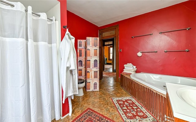 609 N Beatty, East Liberty, PA 15206 - full bathroom featuring stone finish flooring, a bath, lofted ceiling, and curtained shower