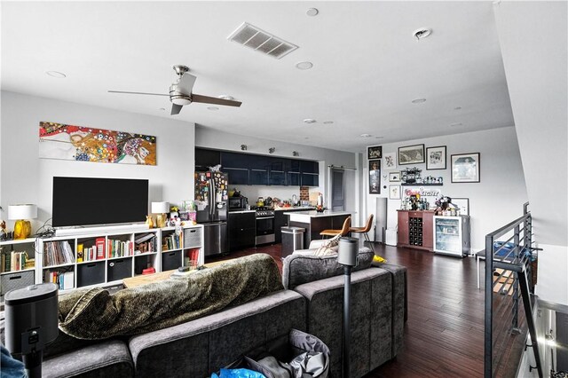 3105 Brereton St, Lawrenceville, PA 15219 - living room featuring dark wood-style floors, recessed lighting, and ceiling fan