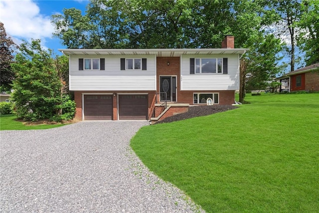285 Old Plank Rd, City Of But Se, PA 16002 - raised ranch featuring gravel driveway, a chimney, a front lawn, an attached garage, and brick siding