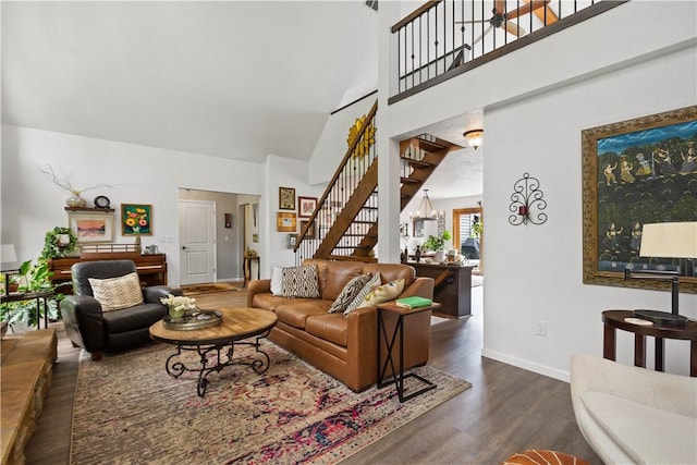 10737 Babcock Blvd, Pine Twp Nal, PA 15044 - living room with stairway, dark wood-style floors, and a high ceiling