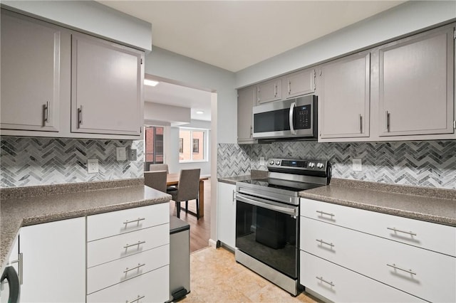 307 S Dithridge St Unit 207, Oakland, PA 15213 - kitchen with stainless steel appliances, gray cabinets, dark countertops, and tasteful backsplash