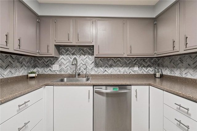 307 S Dithridge St Unit 207, Oakland, PA 15213 - kitchen with stainless steel dishwasher, gray cabinets, dark countertops, and tasteful backsplash