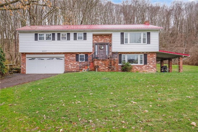 4627 Water Level Rd, Milford Twp, PA 15557 - raised ranch with brick siding, asphalt driveway, an attached garage, a front yard, and a chimney